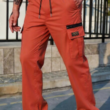 (UK 40-42, Red Orange) Men's Cargo Pants Relaxed Fit Multi-Pocket Design for Casual Hiking Outdoor Sports Spring Fall