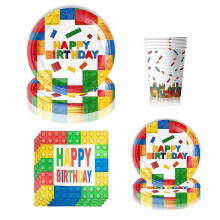 80 Pieces Building Block Themed Party Tableware Set, Paper Plates Napkins Cups for 20 Guests, Colorful Brick Pattern for Birthday Halloween Christmas