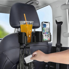 Set of 2 Car Seat Back Organizers with Cup Holder, Phone Mount, and Hook, Black Plastic Storage for Water Bottles, Trash Bags, Vehicles