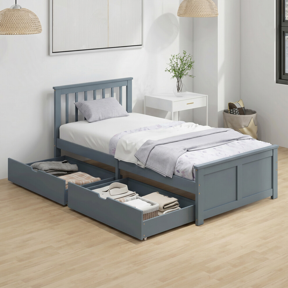 Homcom Storage Bed With 2 Drawers, Headboard, Wood Slat Support, Grey