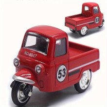 (Red) Mini Alloy Pull-Back Tricycle Model Toy, Vintage Three-Wheeled Motorcycle Replica with '53' Emblem, Die-Cast Metal Vehicle for Desk Decoration