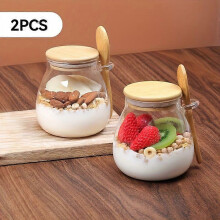 (2pcs 340ml 11.96oz) Glass Jar Set 11.96oz with Bamboo Lid and Wooden Spoon, Overnight Oatmeal Container for Meal Prep, Yogurt, Salad Bowls