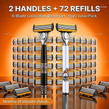 Men's 6-Blade Lubricating Shaver Set, 2 Handles with 72 Refills, Progressive Blades with Lubrication Strips, Non-Slip Grip, Long-Lasting Cutting Home