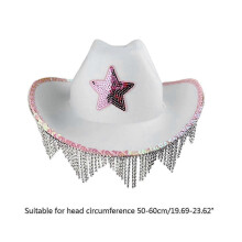 (White) Sequin Star Pattern Hat With Kerchief Adjustment Rope Bride Cowboy Hat Top Hat With Large Rhinestone Tassel Brim White Cowboy Hat And Cs