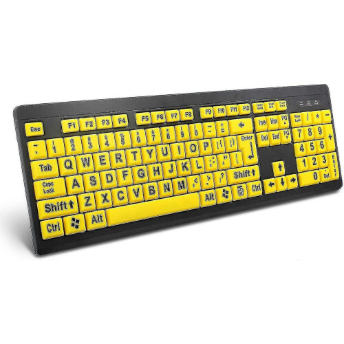 Large Print Wired USB Keyboard High Contrast Oversized Letters for Low Vision Yellow+Black