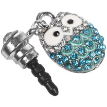 Tappo per jack per auricolari da 3,5 mm antipolvere a forma di gufo con grandi occhi e diamanti, blu, accessori per telefono
