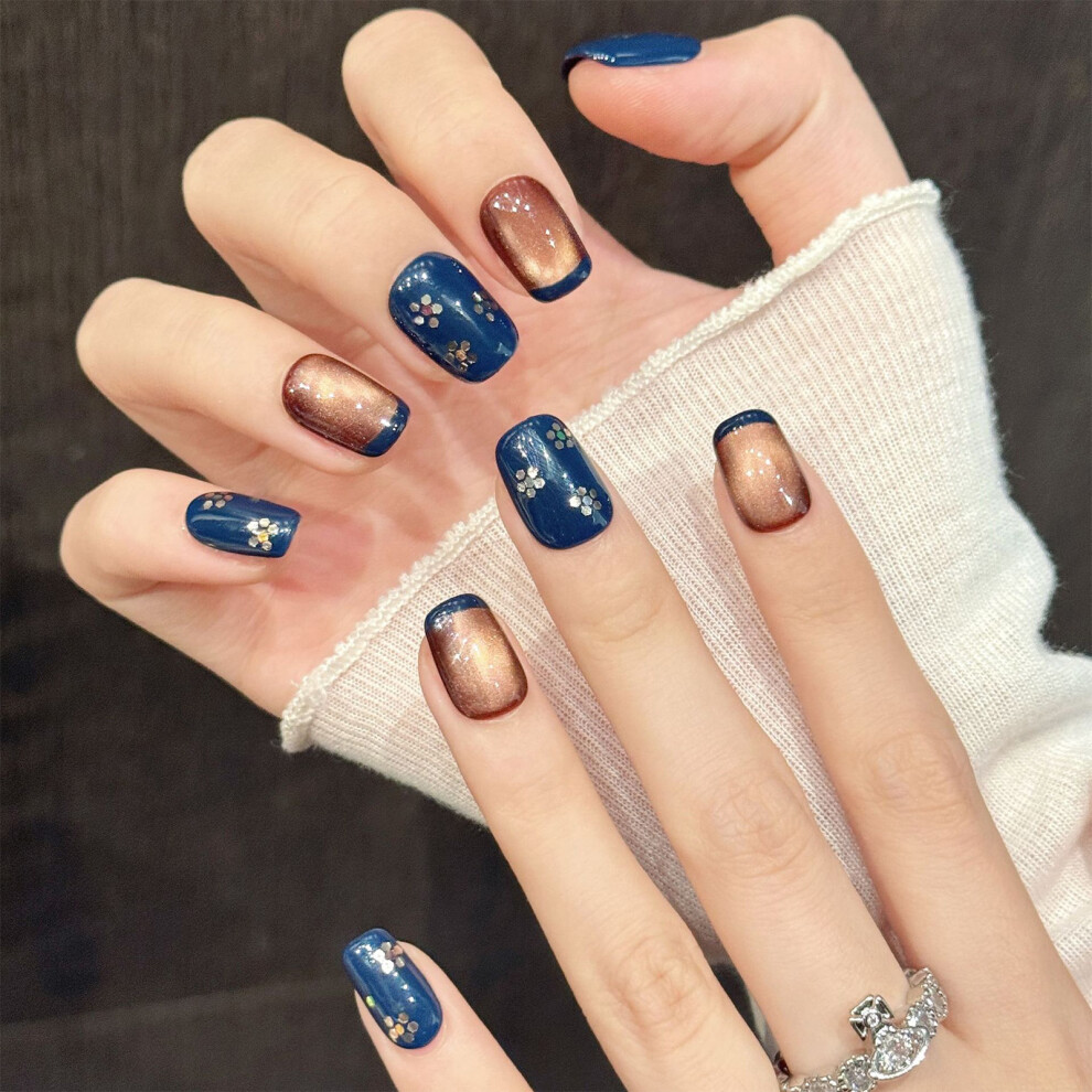 Dcph-Clothing (Xs) 10Pcs Navy-Copper Rhinestone Fake Nails