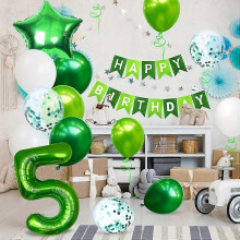 Green Birthday Balloon Decoration Set with Foil Number, Confetti Balloons, and Happy Birthday Bunting Banner for Kids Ages 5-9