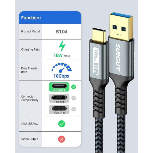 Câble USB-C 10 Gbit/s, 3 A, compatible Android Auto, CarPlay, charge rapide, iPhone 17/16/15, Samsung Galaxy S17/16/15 1