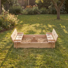 CHARLES BENTLEY Wooden Sandpit with Fold Down Benches & Lid, FSC Certified Timber, 100kg Capacity, Includes Drainage Liner, UKCA & CE Safety