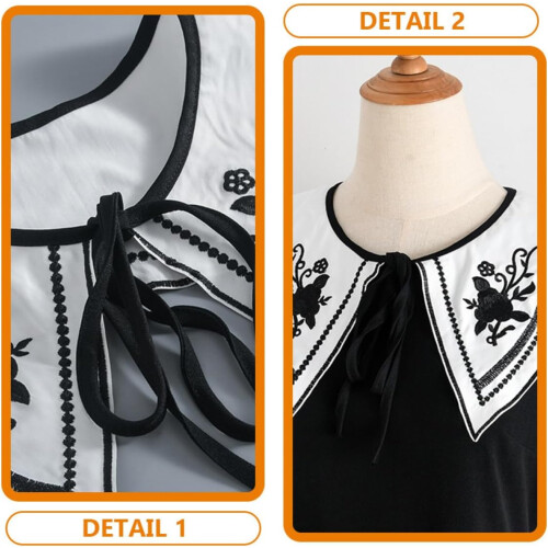 Collo finto in cotone, removibile, con ricami e pizzo, design chic, nero, per donna. 1