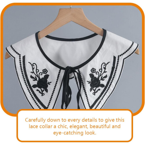 Collo finto in cotone, removibile, con ricami e pizzo, design chic, nero, per donna. 2