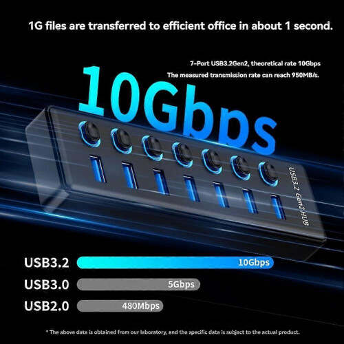 7 Port USB3.2 Gen2 Hub 10Gbps Individual Switch LED Indicator Power Adapter US Plug 2
