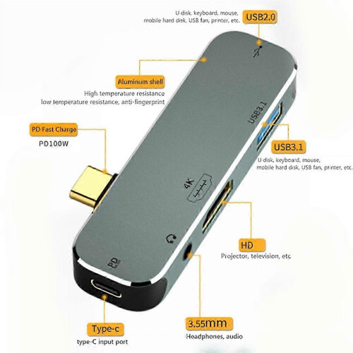 5-in-1 Type-C Hub 3.55mm Jack PD100W USB3.0/3.1 Extender for PC 1