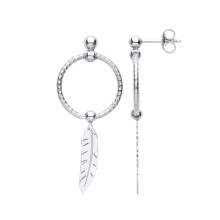 Jewelco London Ladies Platinum Plated Sterling Silver Feather Leaf Swing Bead Barked Hoop Drop Earrings - EAG1101