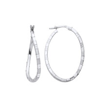 Jewelco London Ladies Rhodium Plated Sterling Silver Diamond-cut Brick Road Wavy Oval Hoop Earrings - ER158
