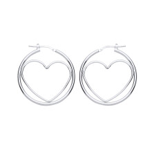 Jewelco London Ladies Sterling Silver Love Heart Outline Hoop Earrings 34mm - ER100