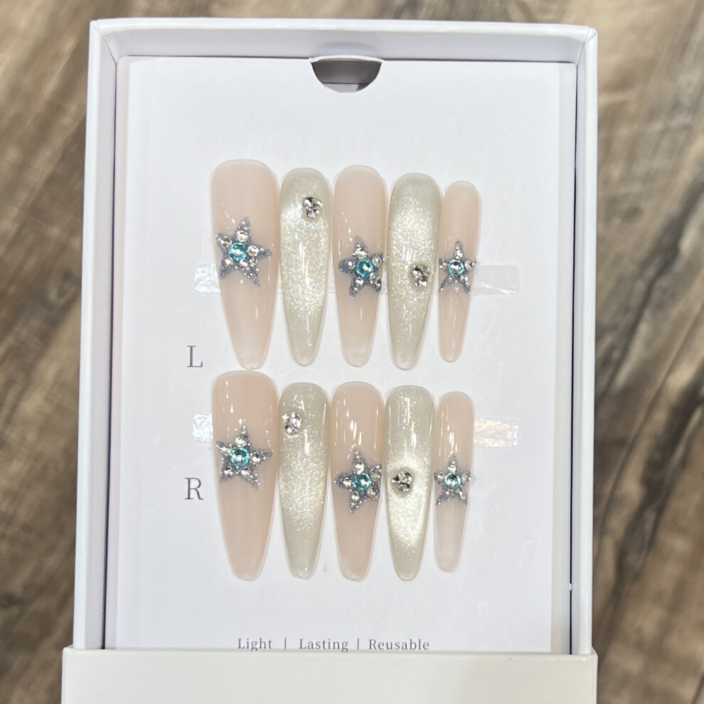 Penghui-Toys (Xs) 10Pcs Nude Long Press On Nails With Rhinestone Sweet & Charming Reusable False Nails For Manicure Lovers And Beauty Blog