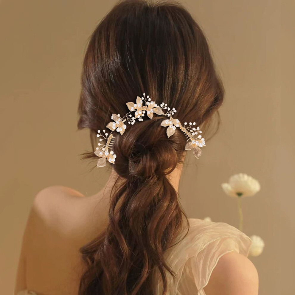 Dcph-Clothing (Gold) Pearl Hair Comb For Women - Leaf Design
