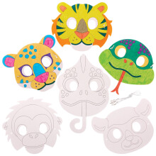 Baker Ross FX556 Rainforest Animal Colour In Masks - Pack of 10, 17cm-22cm, Kids Paper Masks, Assorted Designs, Colouring Activity