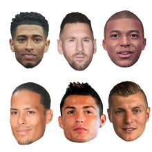 Star Cutouts SMPWC1 World Champion Footballers Six Pack of Masks - Bellingham, Ronaldo, Messi, Mbappe, Kroos & Van Dijk
