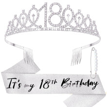 DRESHOW 18th Birthday Crown and Sash for Women 18th Birthday Girls Sash & Rhinestone Tiara Set Hair Accessories for Party