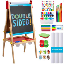 Blue Squid Art Easel for Kids with Paper Roll x 3, Includes 100+ Accessories, Double Sided Adjustable Wooden Painting Easel with Magnetic Chalk Board,