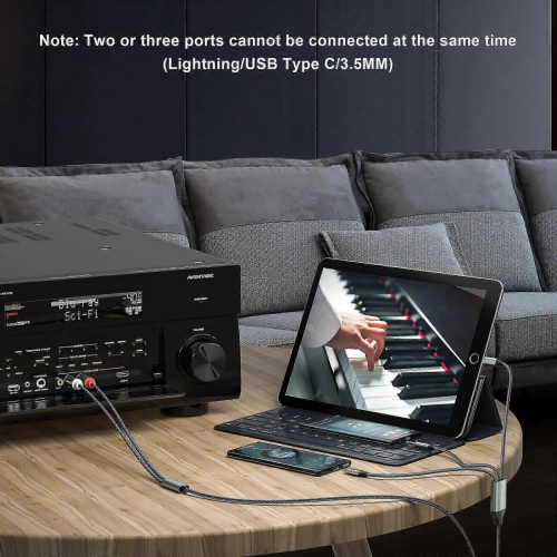 Καλώδιο προσαρμογέα ήχου 3 σε 1, Lightning και USB-C σε 2 RCA και 3,5 mm Aux, για στερεοφωνι 2