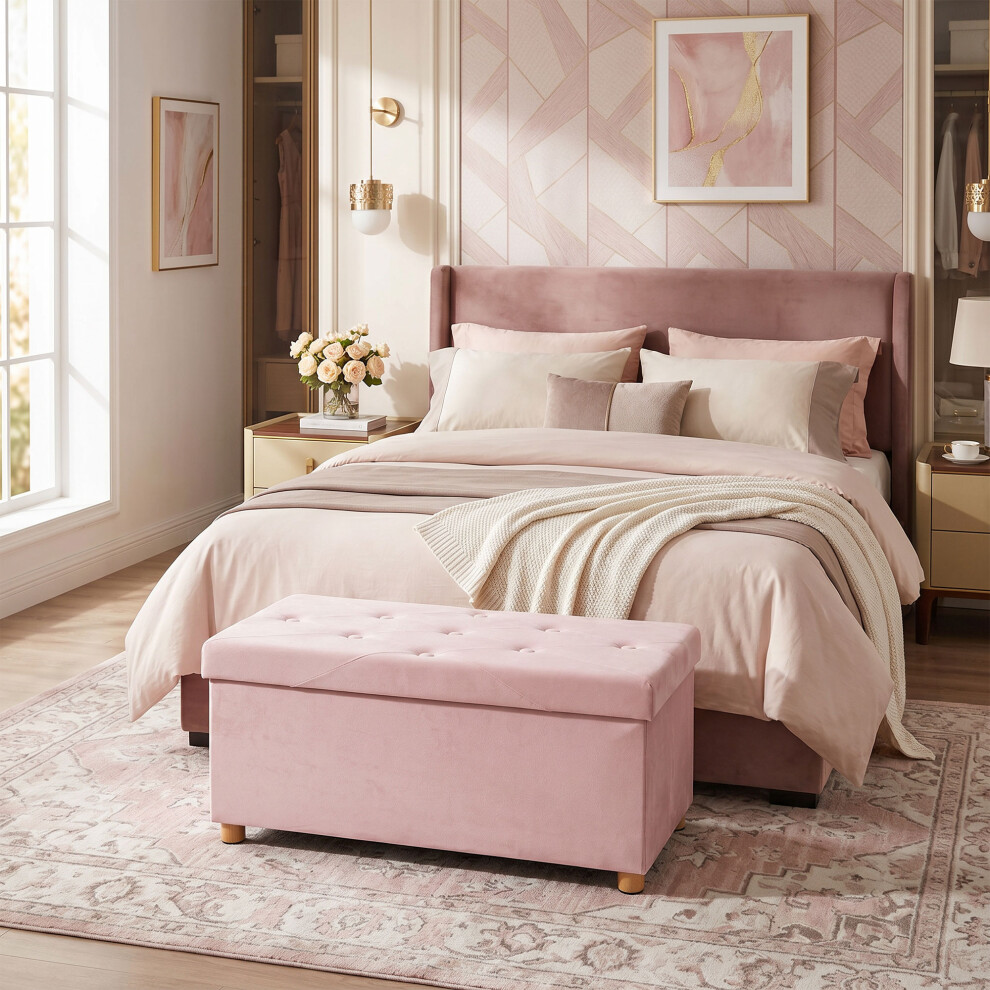 Homcom Velvet Upholstered Foldable Ottoman Footrest With Wood Legs, Pink