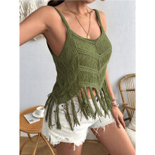 Top da Donna con Frange, Stile Western da Cowgirl, Senza Maniche, Scollo A V, All'Uncinetto, Spalline Sottili, Gilet Verde M