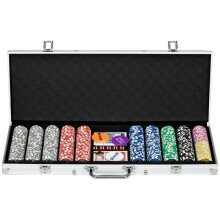 Set da poker in custodia con 500 fiches, carte, dadi e tappetino da gioco.