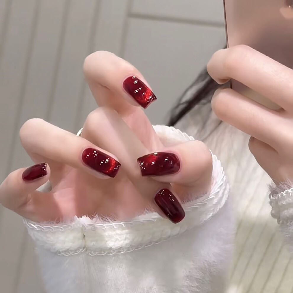 Hue-Grain Red Cat Eye False Nails - Easy Apply & Peel Off