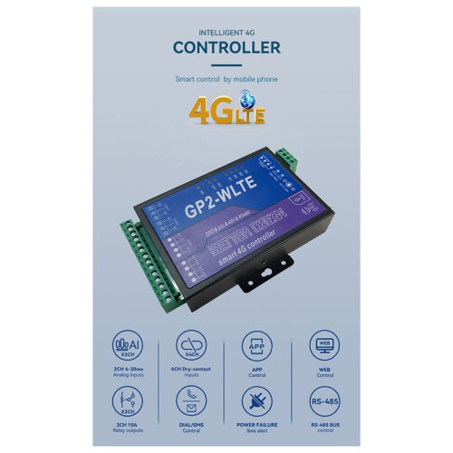 GP2-WLTE  4G Global GSM SMS APP Controller RS485 WEB Control 2CH 4-20ma Analog Inputs 10A Relay Outputs EU-PLUG A 2