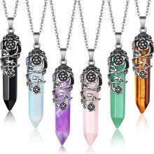 (Silver, Opal) Fashion Natural Crystal Hexagonal Column Vintage Alloy Rose Pendant Amethyst Necklace