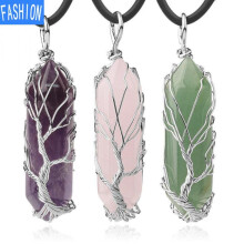 (Matches the image, opal) Hexagonal Semi Gem Necklace Natural Stone Hand Wound Tree Of Life Pendant Necklace 40cm