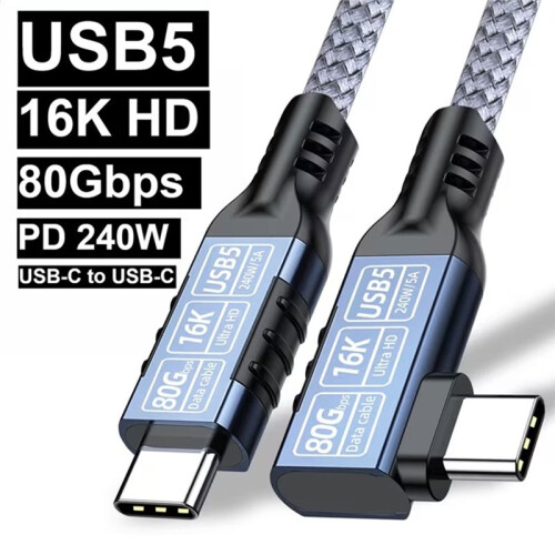 5 90 Degree Type C to USB C Cable USB5 80Gbps 16K PD 240W Fast Charging Data Cable for Mobile Phone 6.56ft A 2