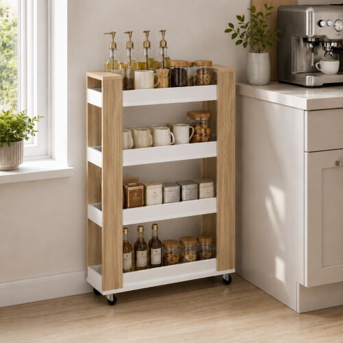 (Oak & White) Slim 4-Tier Rolling Storage Trolley Cart 1