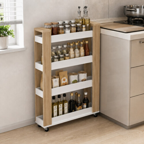 (Oak & White) Slim 4-Tier Rolling Storage Trolley Cart 2