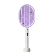 Raquette Électrique Conductrice Anti-Moustiques à Affichage LED Intelligent 3-en-1 avec Grille à 3 Couches, Double Interrupteur et Base D'Attractif