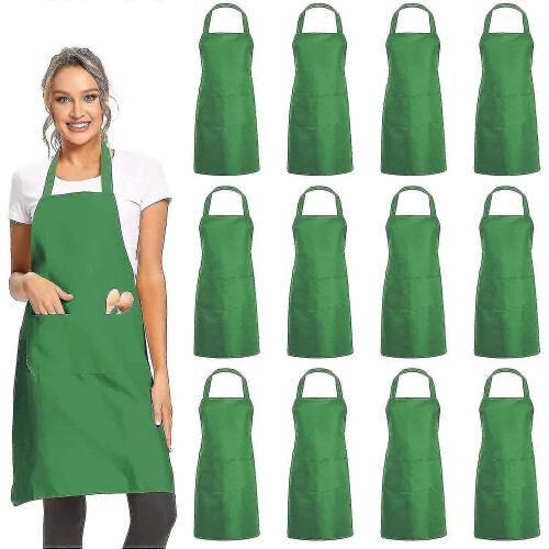 12 Pack Solid Color Bib Apron with 2 Pockets - Green Unisex Business Apron Bulk