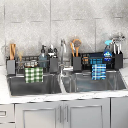 Kitchen Sink Organizer Rack - Plastic Self-Draining Shelf for Soap, Sponge, Dishcloth, Towel, with Filter Basket B 2