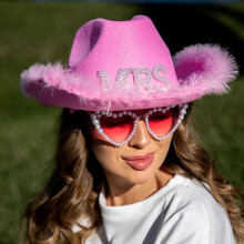 Vacation Cowboy Hat "BRIDE" Panama Hat Feather Rhinestones Hand Beading Pearls for Carnivals Music Festival