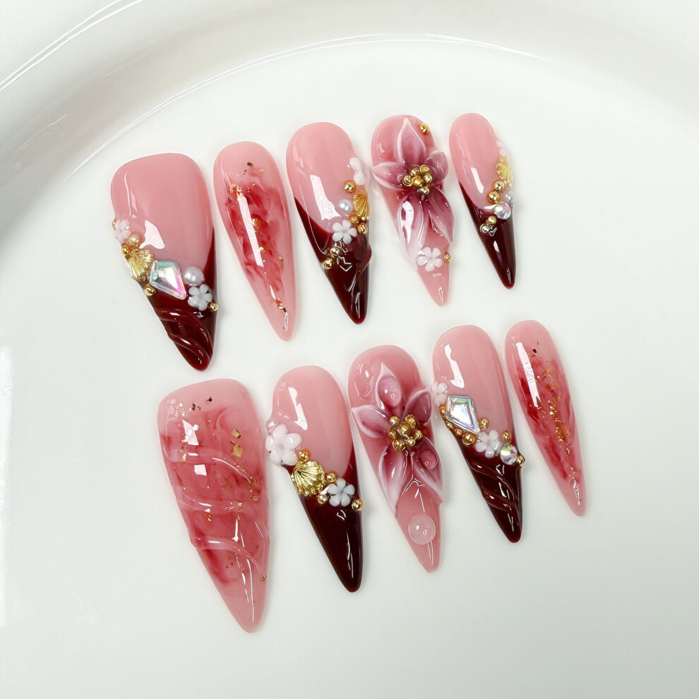 Zhouq-Outdoors (S) 3D Flower French Press On Nails - 10Pcs Glossy Tips