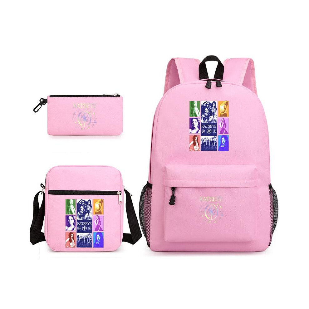 (Black, Three Piece Set) Katseye Music School Backpack Set For Kids 3-Piece Cartoon Lunch Bag Pencil Case Backpack Students-image