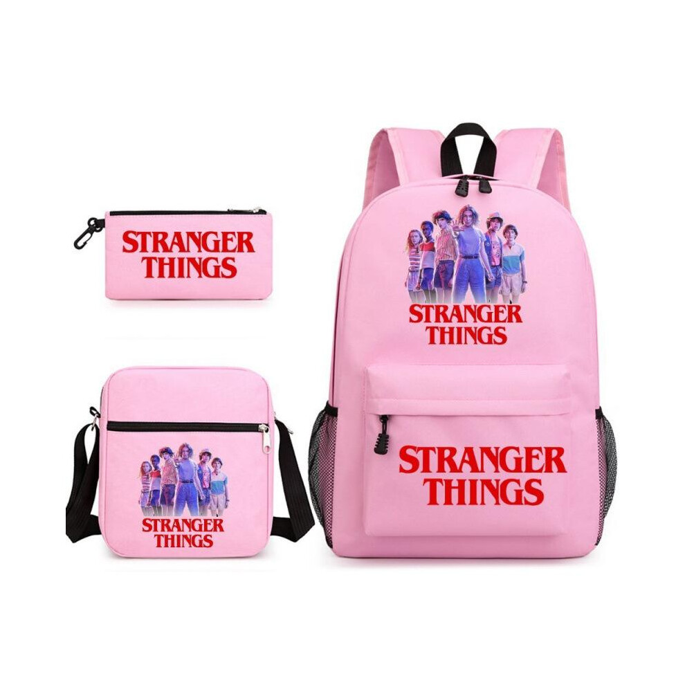 (Pink~2, Three-Piece Set) Stranger Things 3-Piece Backpack Set Cartoon Print Canvas School Bookbag Casual Student Backpack-image