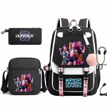 (Pink 2, Three-Piece Set) KPop Demon Hunters Student Backpack Shoulder Bag Casual Pencil Pouch 3-in-1 Set, Multi-Color Portable