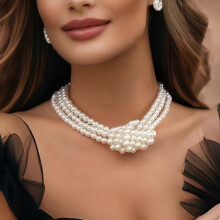 Faux Pearl Necklace, White 3-Strand Layered Choker with Lobster Clasp for Women, Vintage Elegant Jewelry for Everyday Spring Summer Travel