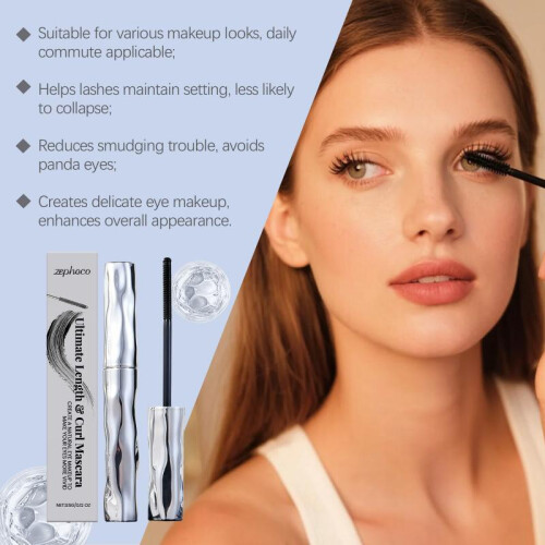 Zephoco Waterproof Volumizing Mascara Natural Curl Hold Long-Lasting Smudge Proof Lengthening Black 1 Pack 2