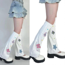 Women Y2K Girl Gothic Flared Hem Knee High Leg Warmer Cute Colorful Butterfly Patches Embroidery Leg Cover Long Socks Black