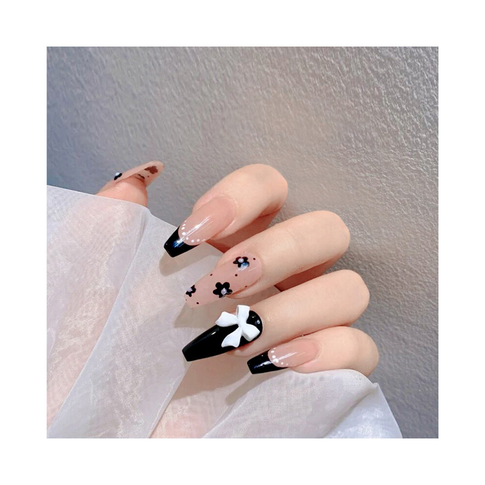 Zhouq-Outdoors Black Floral Butterfly Fake Nails For Women